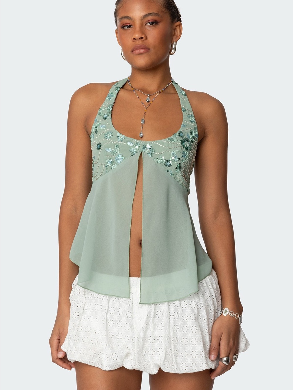 Edikted Sage Green Sequin Halter Tank
